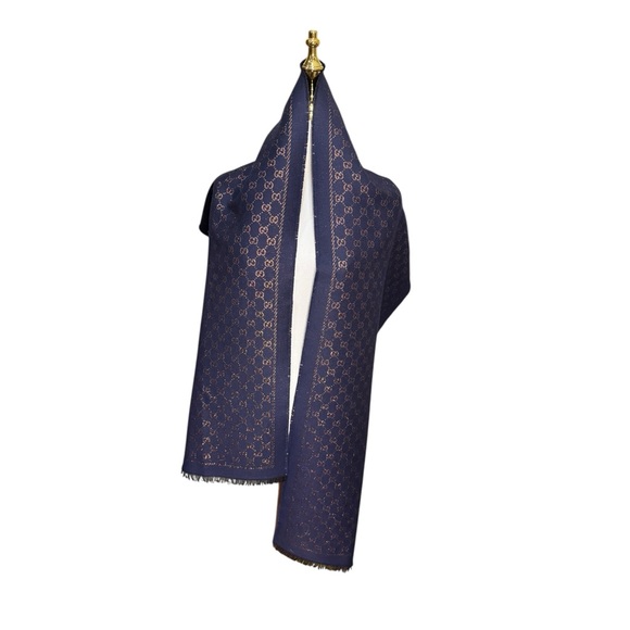 Gucci Accessories - Gucci GG Metallic Wool Silk Scarf Navy Bronze 40x180 NWT